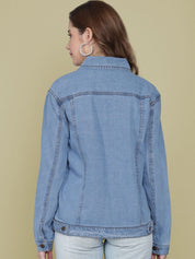 Kotty Women Spread Collar Solid Cotton Casual Denim Jacket