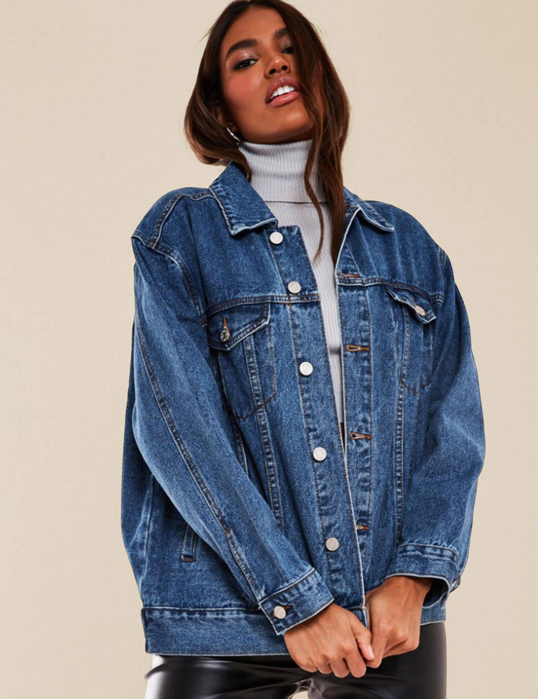 Kotty Women Spread Collar Solid Denim Jacket