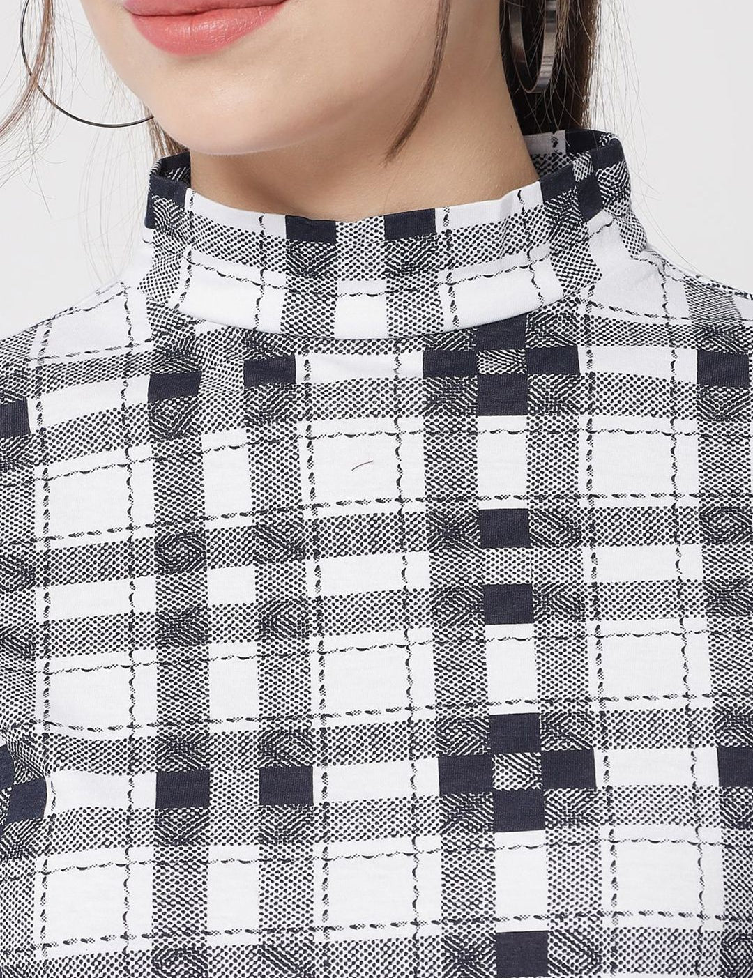 Kotty Women Checked Printed High Neck Short Sleeves Casual Top