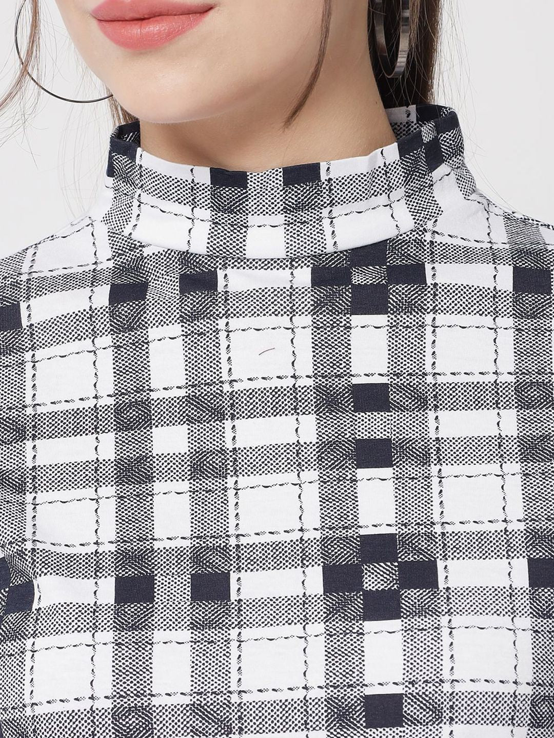 Kotty Women Checked Printed High Neck Short Sleeves Casual Top