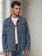 Kotty Men Spread Collar Solid Denim Jacket