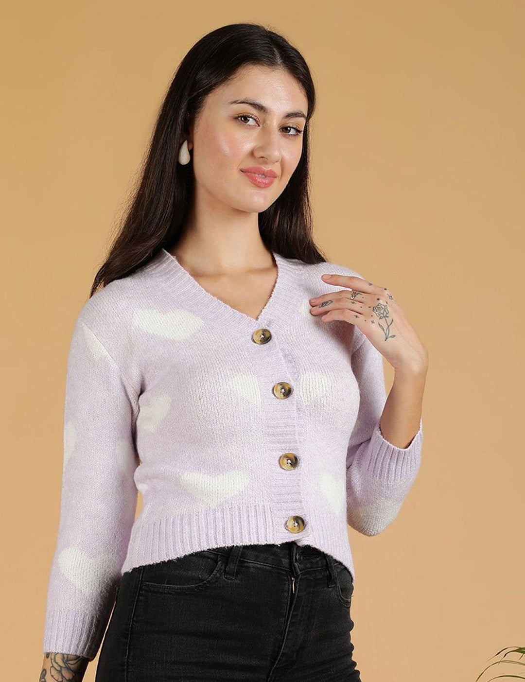 Kotty Women Printed V-Neck Long Sleeves Cardigan