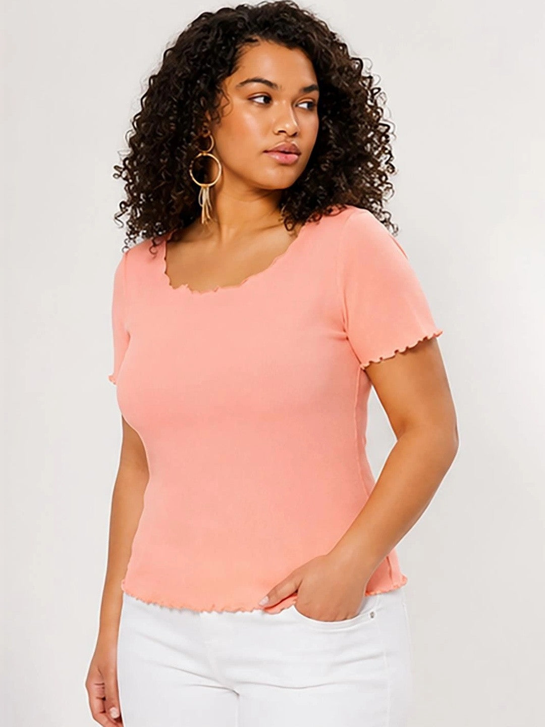 Kotty Women's Dusty Peach Ruffle Square Neck Short Sleeve Top | Stylish Party Wear