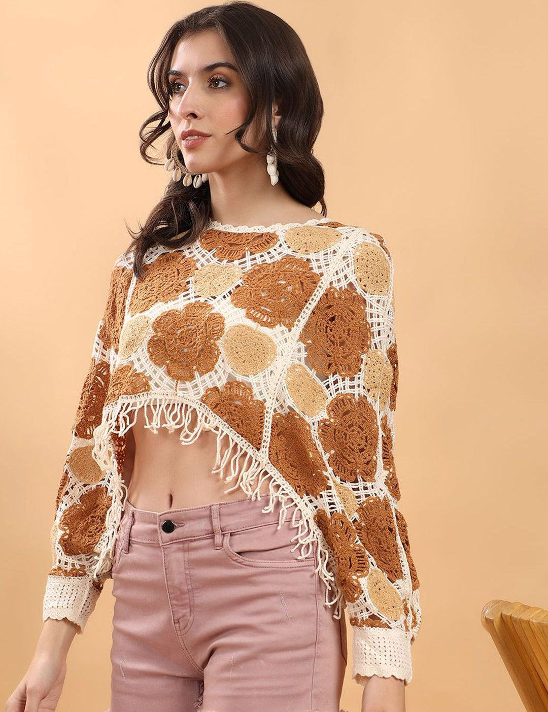 Kotty Self Design Batwing Sleeves Crop Top