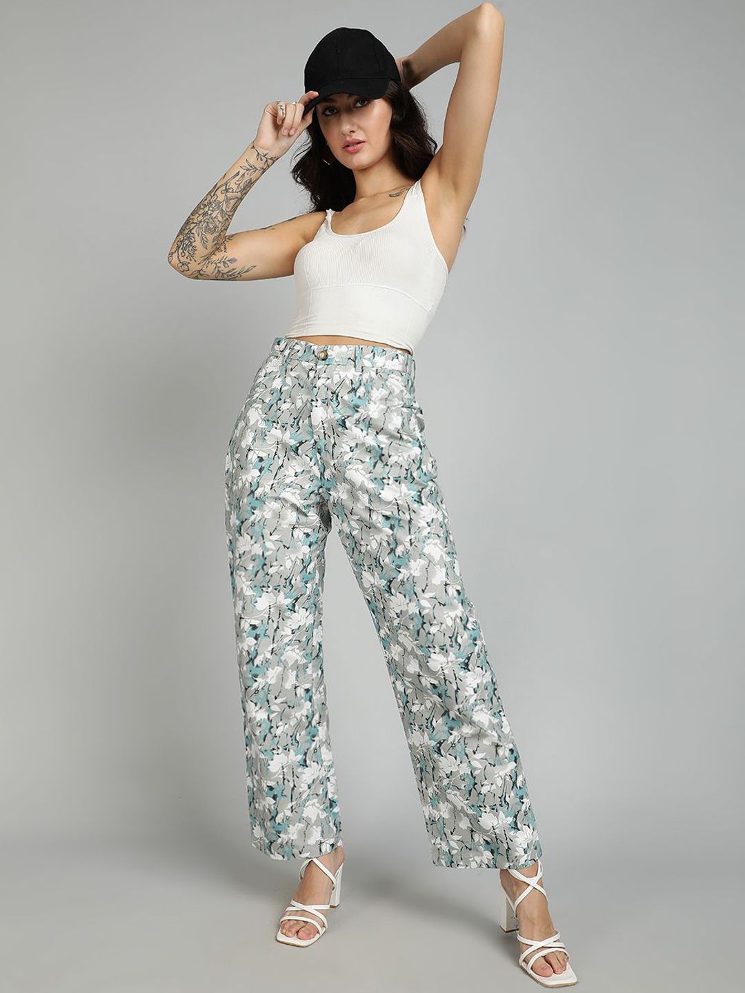 Kotty Women Floral Printed Straight Fit High-Rise Trousers