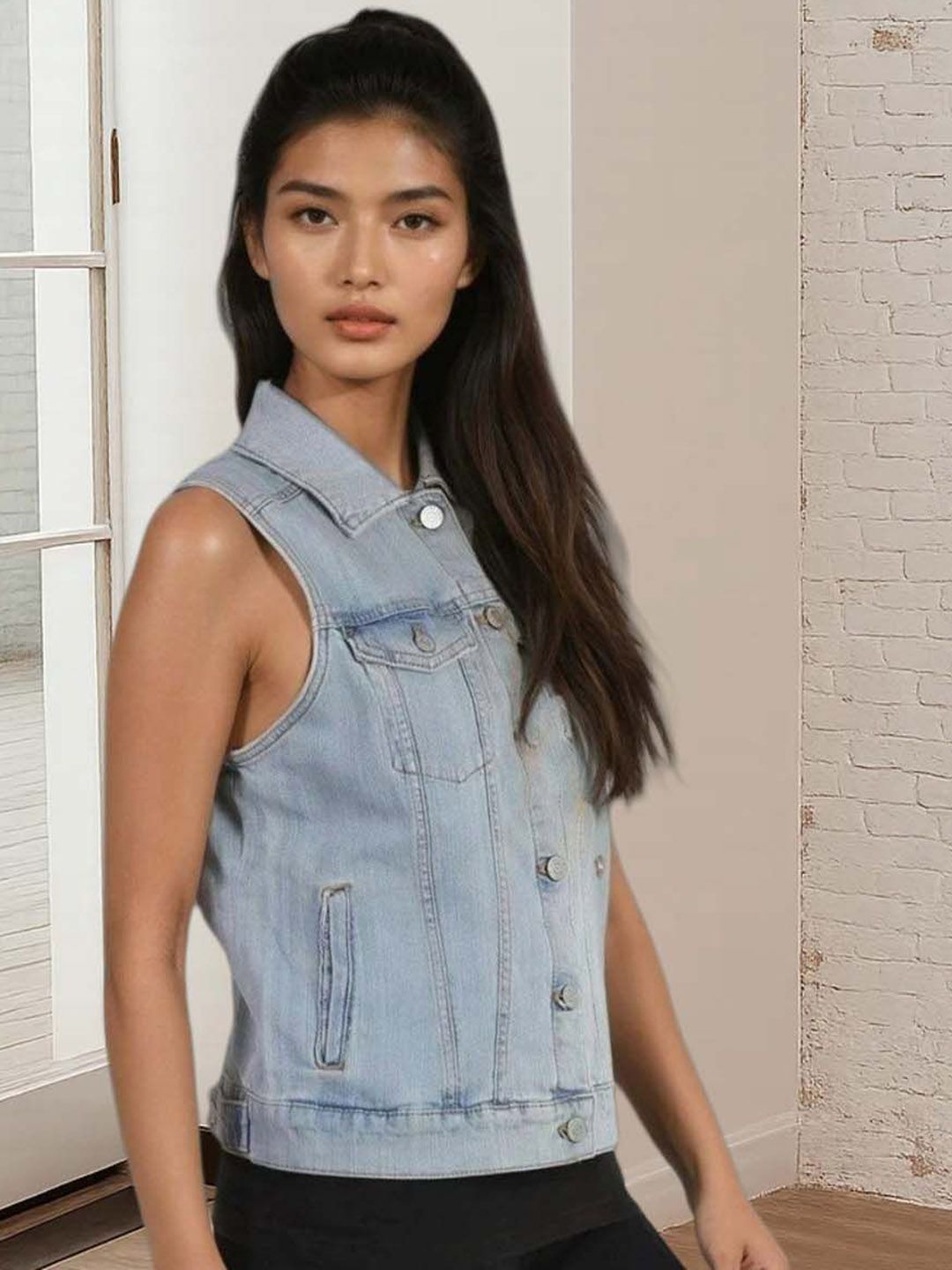 Kotty Women Spread Collar Solid Denim Jacket