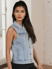 Kotty Women Spread Collar Solid Denim Jacket