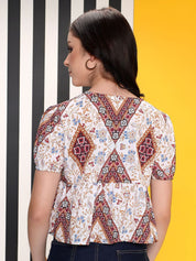 Kotty Women Printed Tie-Up Neck Puff Sleeves Top