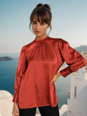 Kotty Women Satin High Neck Cuffed Sleeves Top