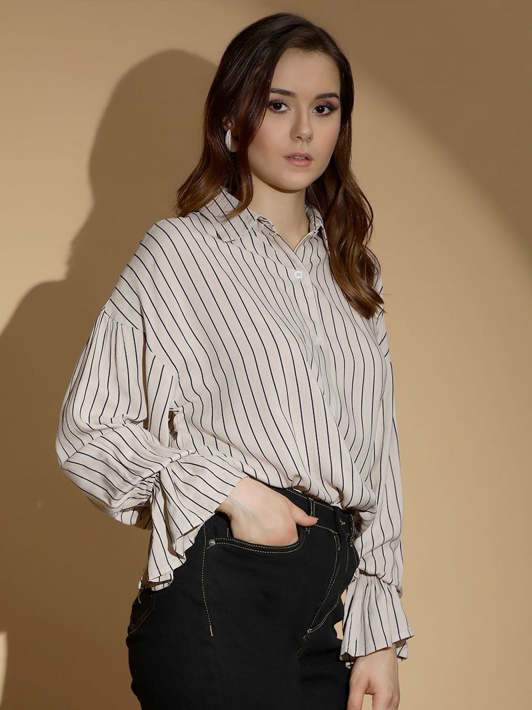 Kotty Women Comfort Spread Collar Vertical Striped Cotton Oversized Casual Shirt