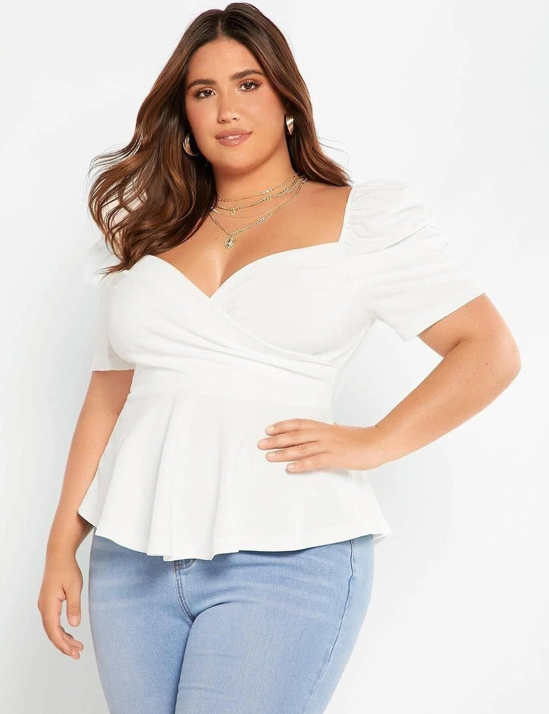 KOTTY Women Plus Size Sweetheart Neck Puff Sleeve Peplum Top