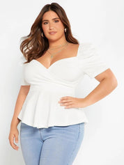 KOTTY Women Plus Size Sweetheart Neck Puff Sleeve Peplum Top