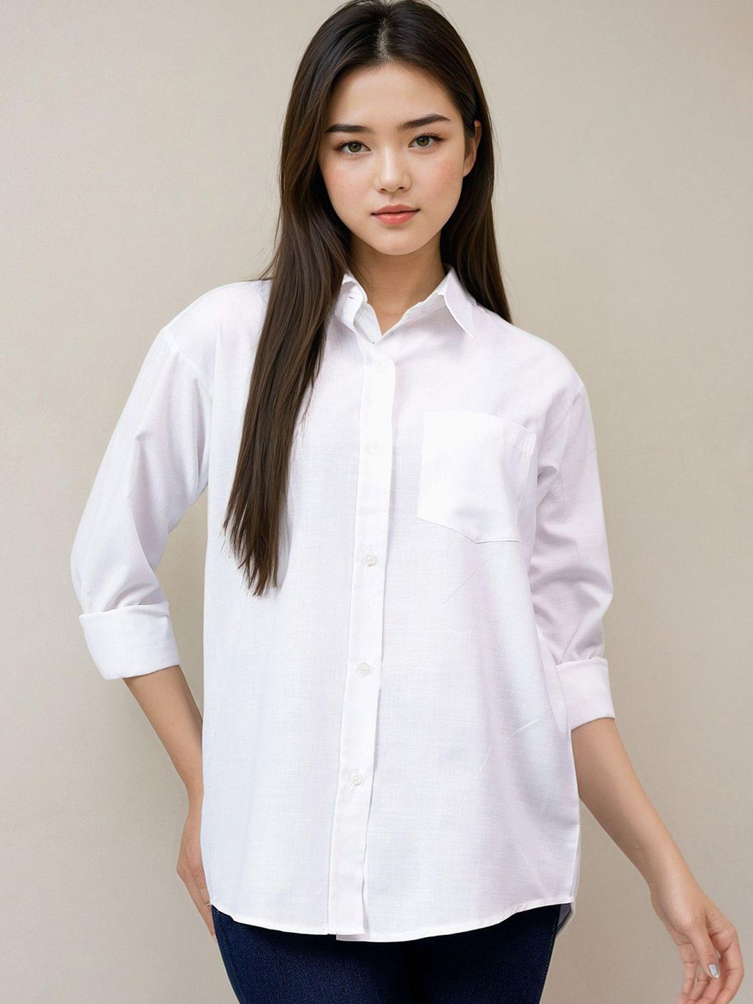 Kotty Women Spread Collar Solid Cotton Relaxed Fit Casual Shirt