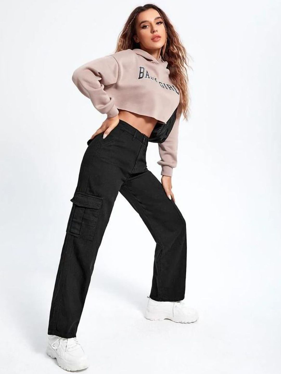 Kotty Women Cotton Straight Fit High-Rise Cargo Styles Jeans