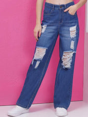 Kotty Women Cotton Straight Fit High-Rise Highly Distressed Jeans