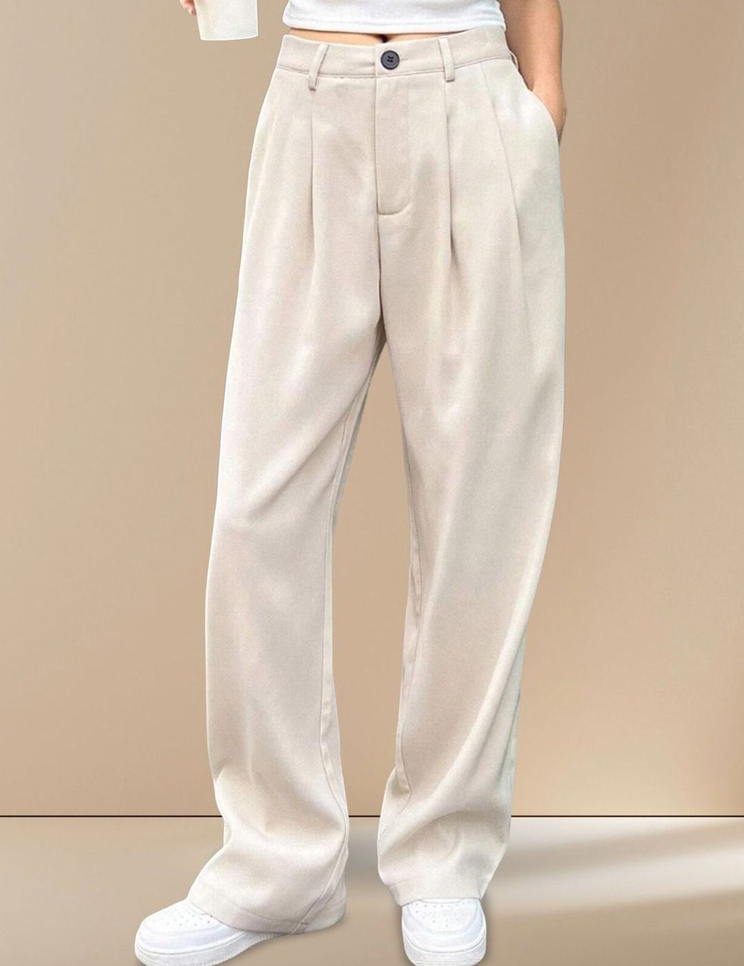 Kotty Women Textured Straight Fit High-Rise Pleated Trousers