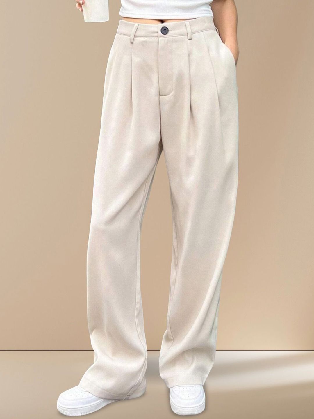 Kotty Women Textured Straight Fit High-Rise Pleated Trousers