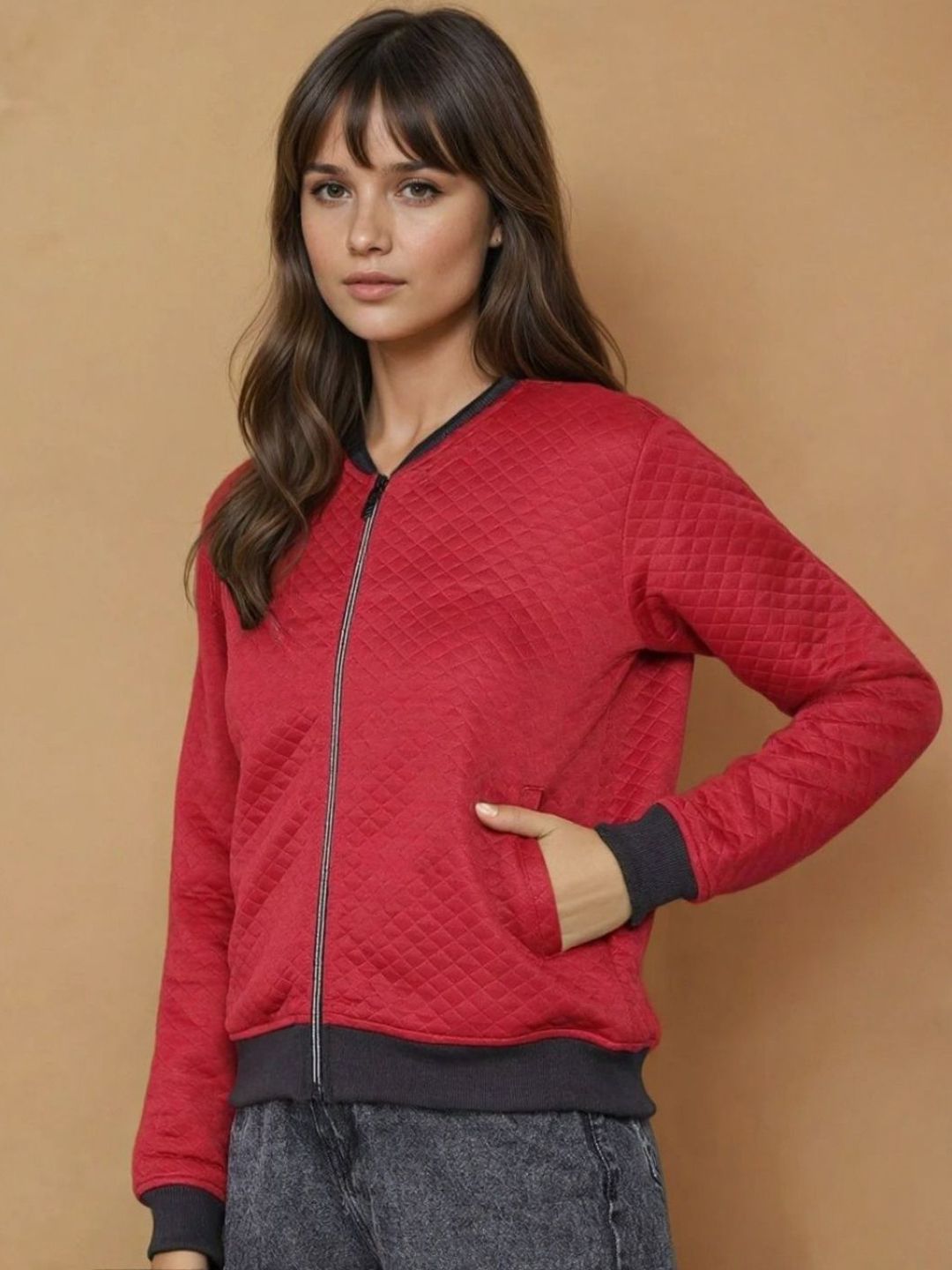 Kotty Women Mandarin Collar Self Design Bomber Jacket