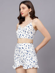 Kotty White & Blue Floral Printed V-Neck Top With Shorts