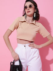 Kotty Women Solid Shirt Collar Cotton Top