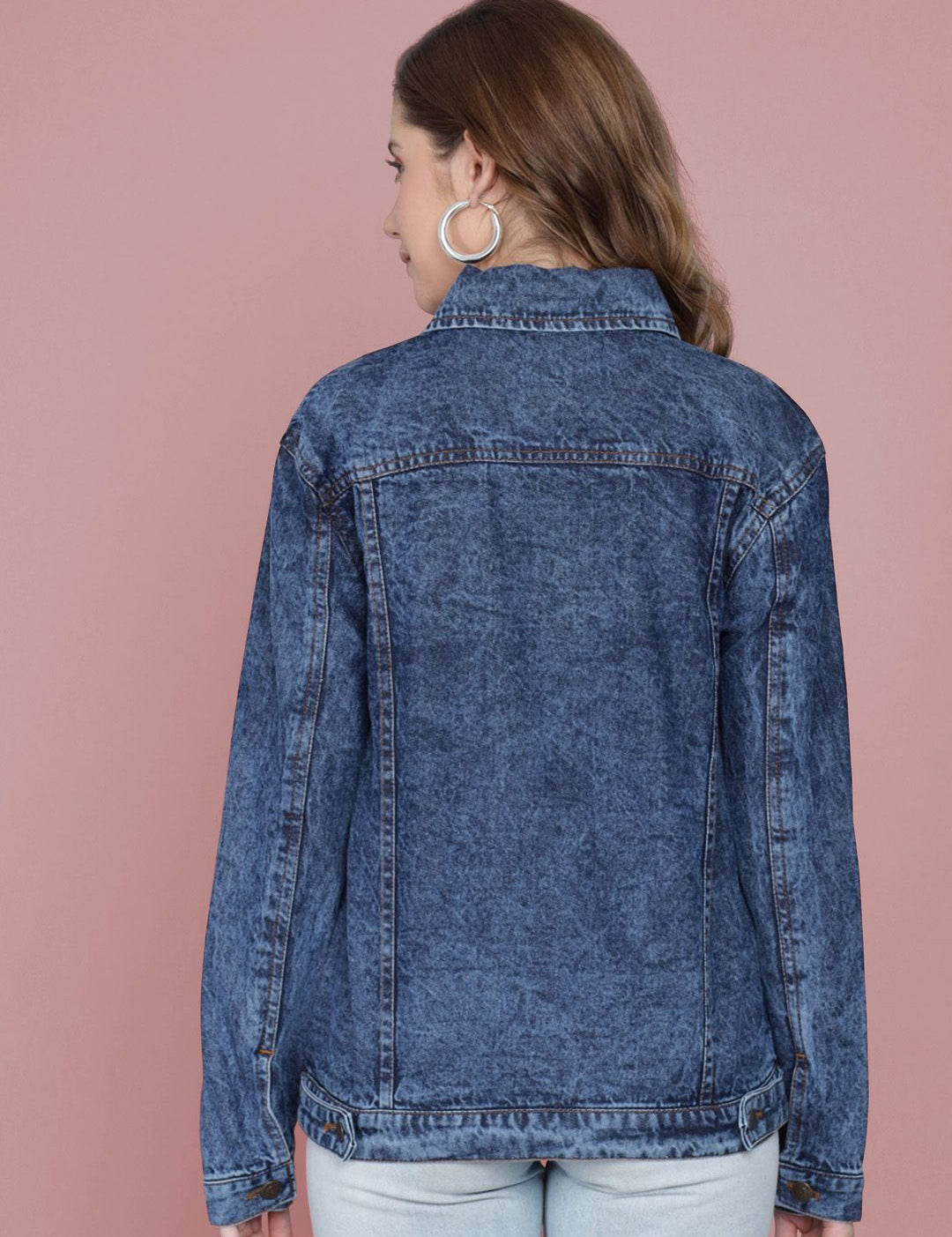 Kotty Women Spread Collar Washed Self Design Cotton Casual Denim Jacket