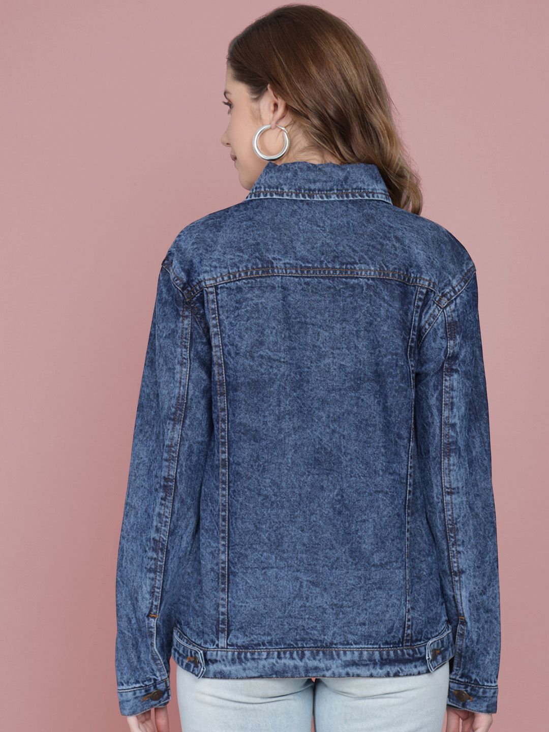 Kotty Women Spread Collar Washed Self Design Cotton Casual Denim Jacket