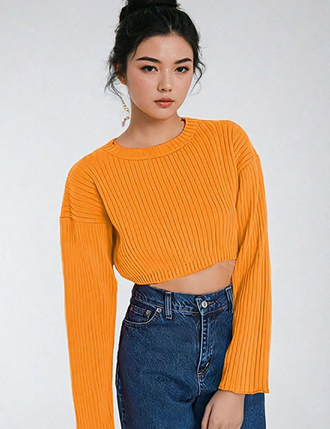 Kotty Women Solid Ribbed Crop Pullover Sweater