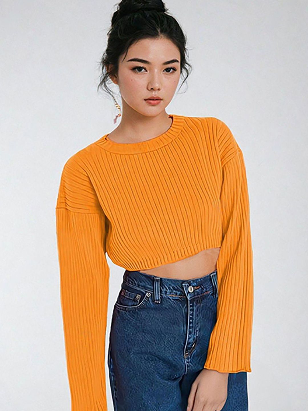 Kotty Women Solid Ribbed Crop Pullover Sweater