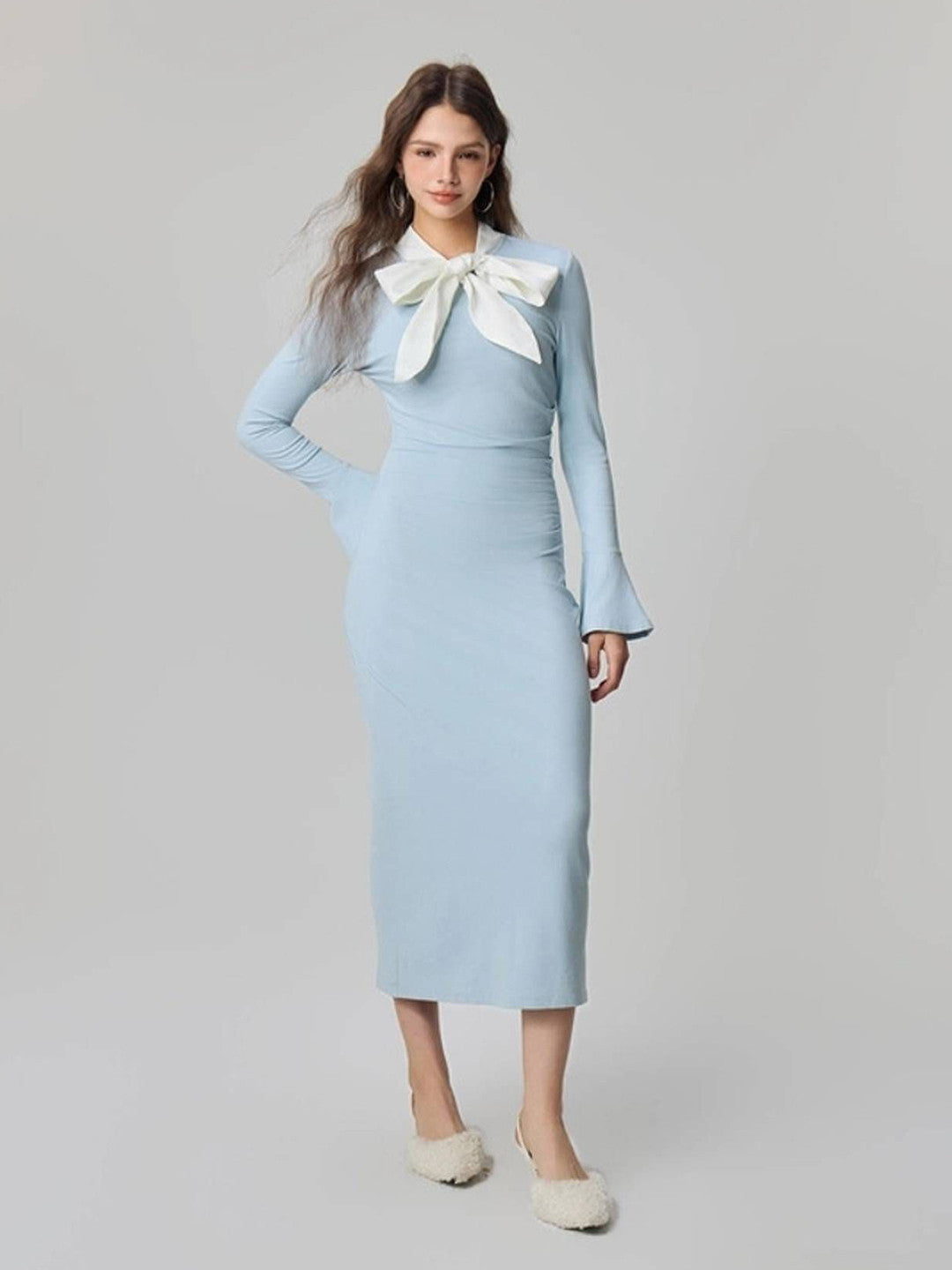 Chic Light Blue Long Sleeve Bow Midi Dress