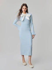 Chic Light Blue Long Sleeve Bow Midi Dress