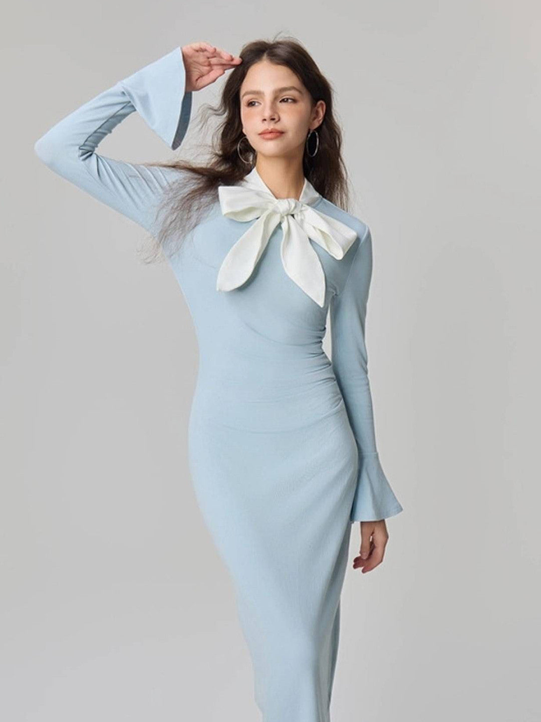 Chic Light Blue Long Sleeve Bow Midi Dress