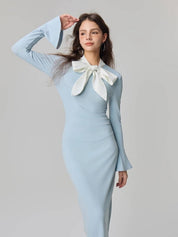 Chic Light Blue Long Sleeve Bow Midi Dress