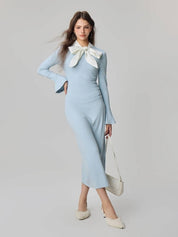 Chic Light Blue Long Sleeve Bow Midi Dress