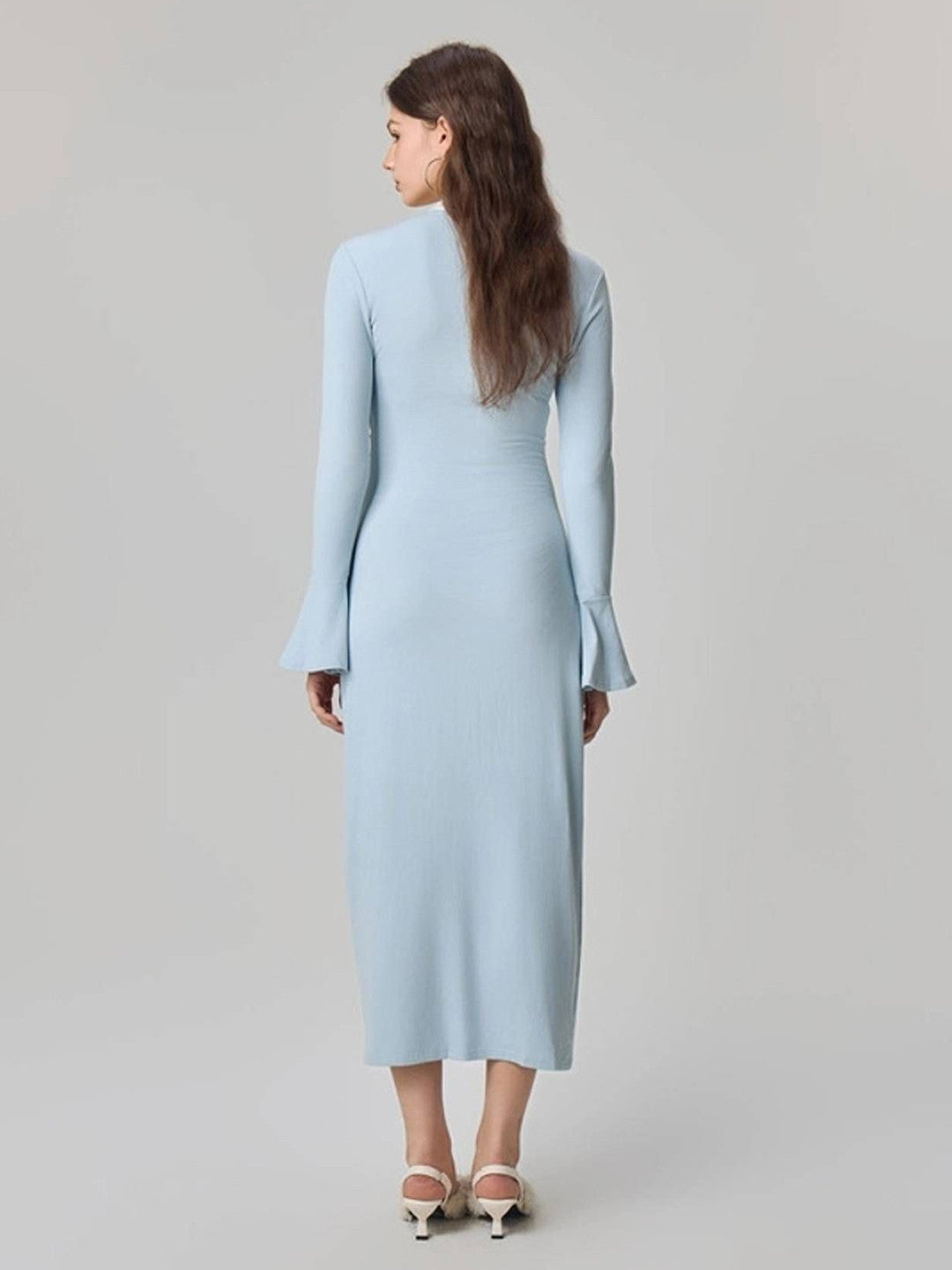 Chic Light Blue Long Sleeve Bow Midi Dress