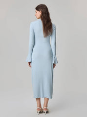 Chic Light Blue Long Sleeve Bow Midi Dress