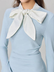 Chic Light Blue Long Sleeve Bow Midi Dress