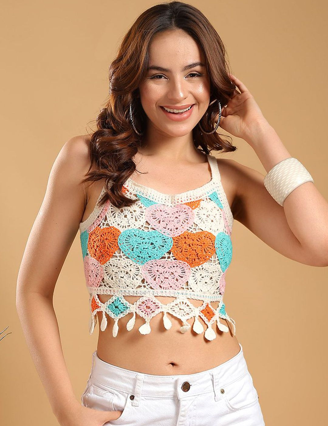 Kotty Women Floral Embroidered Smocking Shoulder straps Crop Top