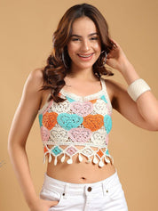 Kotty Women Floral Embroidered Smocking Shoulder straps Crop Top