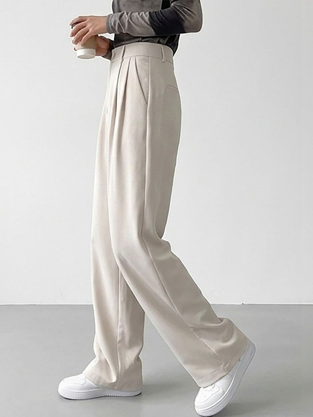 White Relaxed Fit High-Rise Trousers for Women | Kotty
