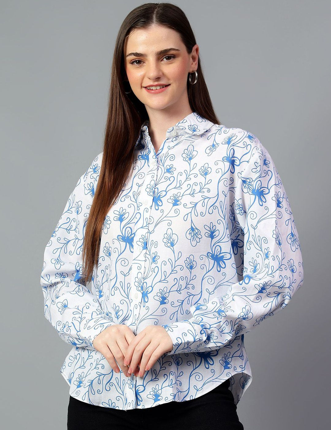 Kotty Women Comfort Spread Collar Floral Printed Cotton Oversized Casual Shirt