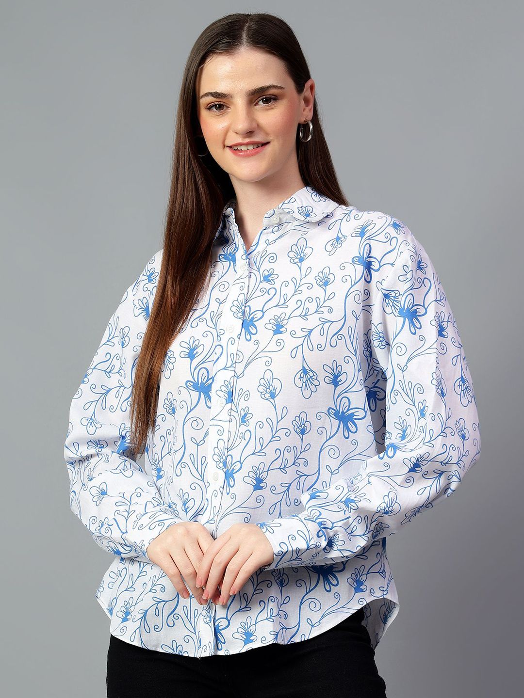Kotty Women Comfort Spread Collar Floral Printed Cotton Oversized Casual Shirt