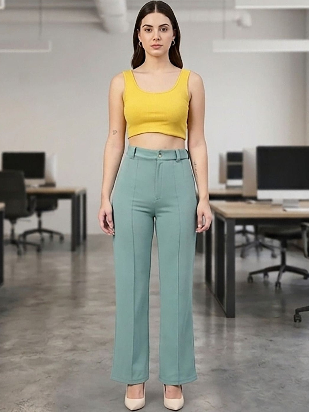 Teal Regular Fit High-Rise Trousers for Women – Modern Solid Design | Kotty