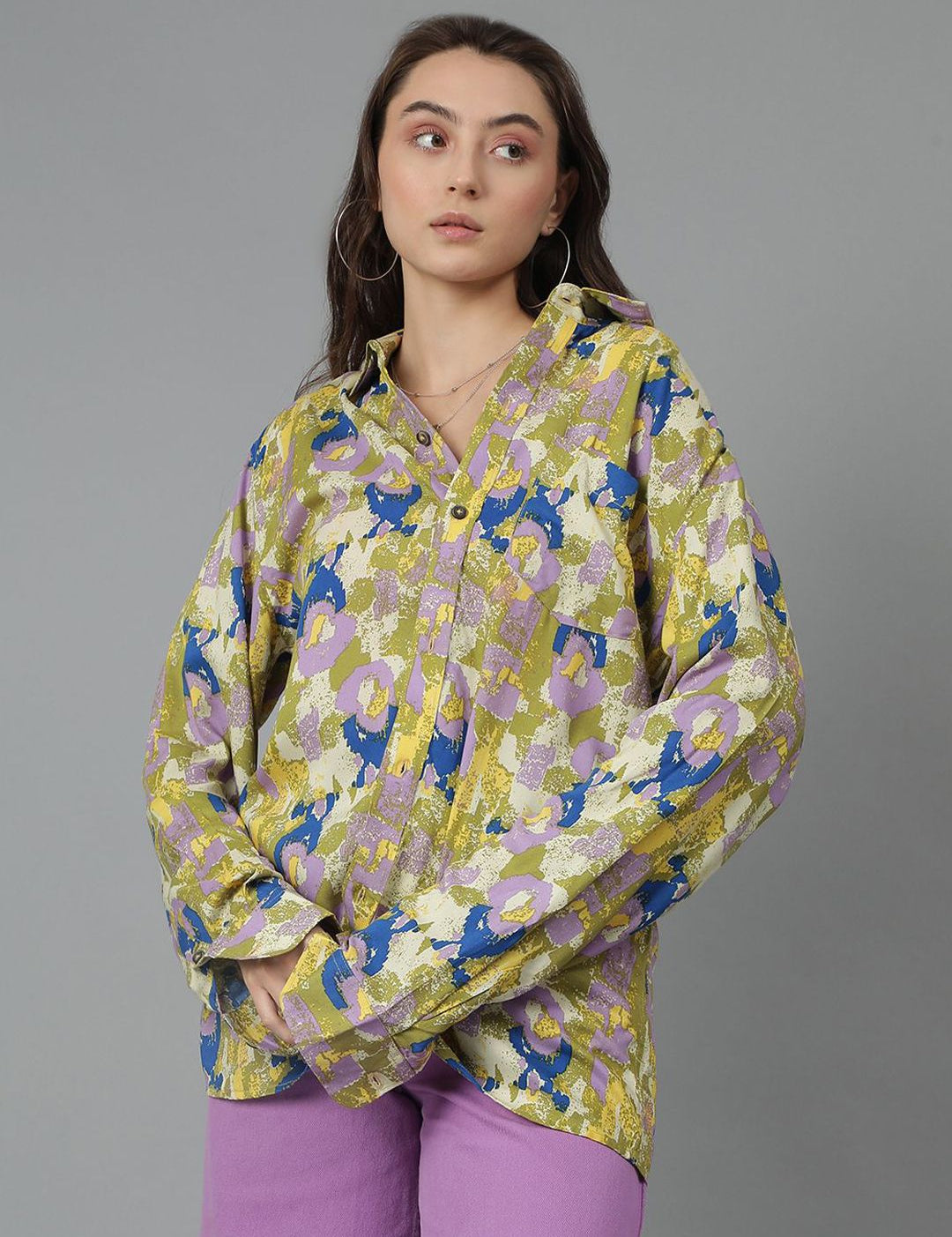 Kotty Women Spread Collar Abstract Printed Cotton Oversized Casual Shirt