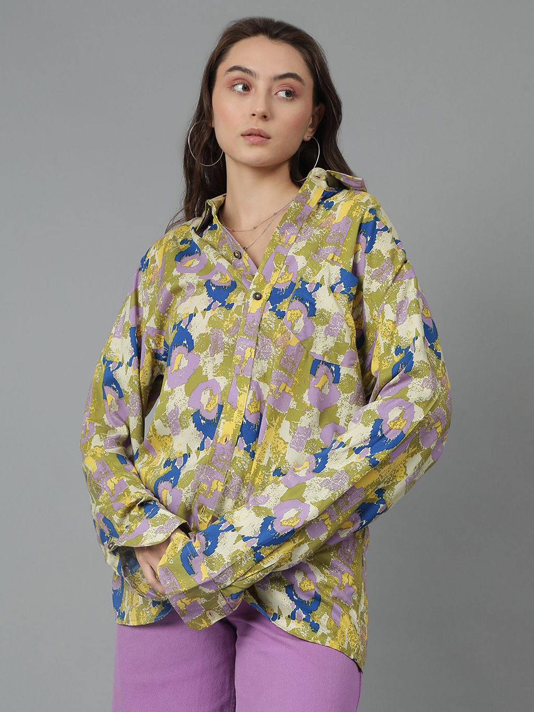 Kotty Women Spread Collar Abstract Printed Cotton Oversized Casual Shirt