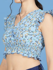 Kotty Floral Print Flutter Sleeve Crepe Wrap Crop Top