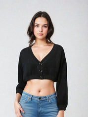 Kotty Women Striped V-neck Crop Cardigan Sweaters