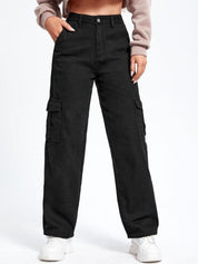 Kotty Women Cotton Straight Fit High-Rise Cargo Styles Jeans