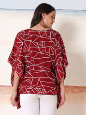 Kotty Women Abstract Print Kimono Sleeve Satin Kaftan Top