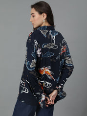 Kotty Women Spread Collar Abstract Printed Cotton Oversized Casual Shirt