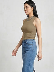 Kotty Top Tan Brown Women's High Sleeveless Fashion